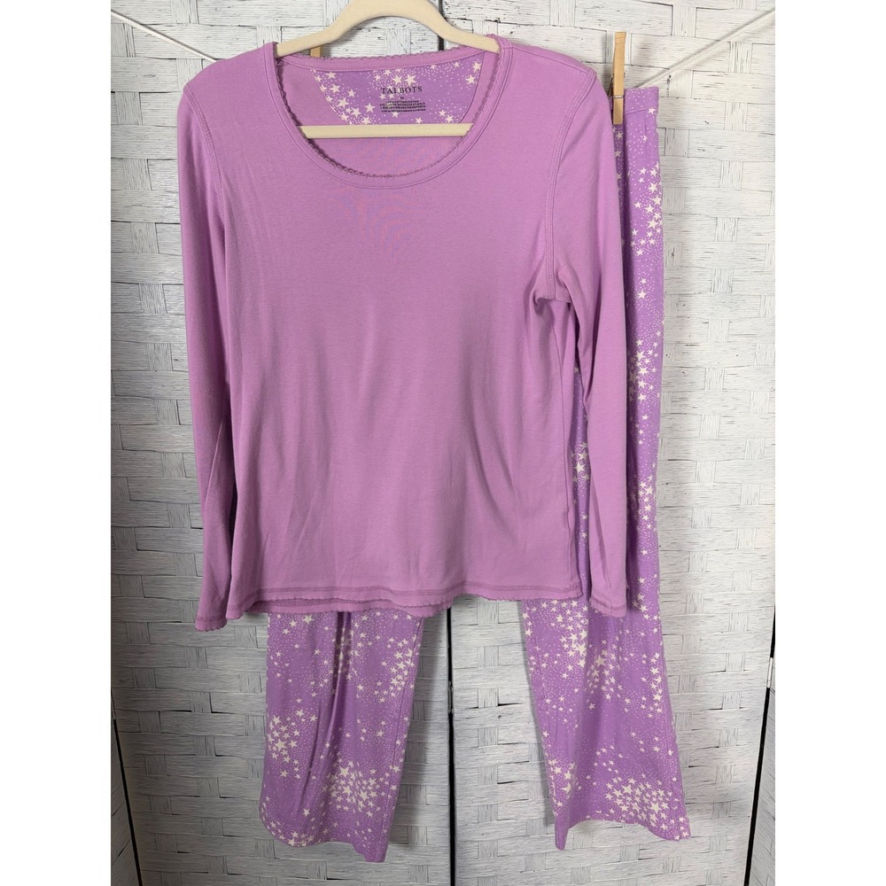 Talbots Womens pajamas cozycore Purple Star Print Set Long Sleeve Cotton 2 Piece